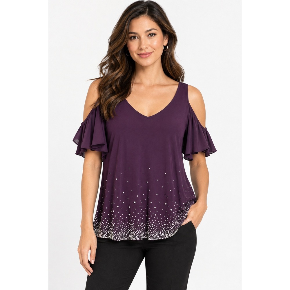 MSK Cold Shoulder Top Plum Rhinestone Romantic Elegant Party Glam Cocktail 2X